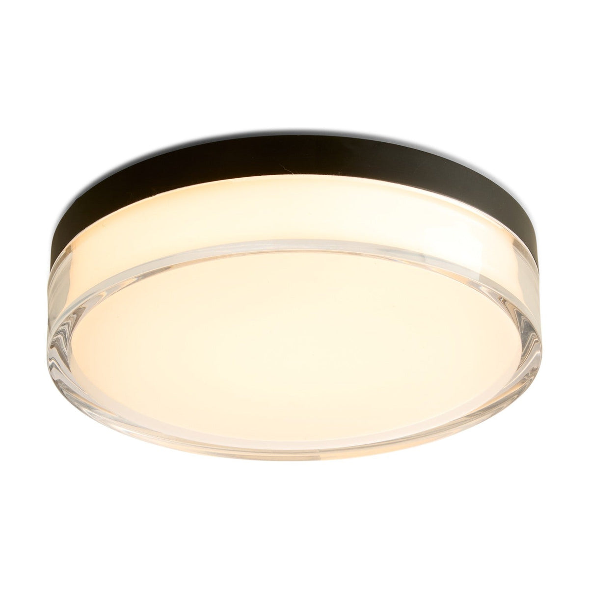 Round LED flush ceiling light, 23cm, with a clear acrylic edge band, black top cap, and glowing opal disc face, shown on a plain white background.