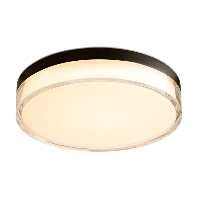 Round LED flush ceiling light, 28cm, with a clear acrylic edge band, black top cap, and opal diffuser glowing warm white, shown on a plain white background.