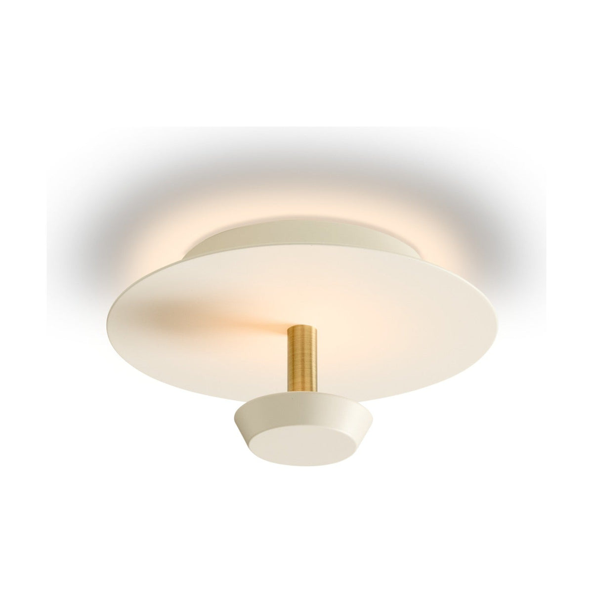 Air LED 3-Step Flush Ceiling Light 20cm 8W in white, with a flat round disc on a short brass post and a smaller cup below, glowing softly against a plain white background.