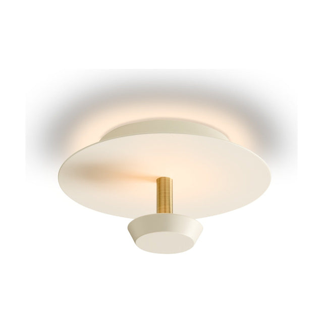 Air LED 3-Step Flush Ceiling Light 20cm 8W in white, with a flat round disc on a short brass post and a smaller cup below, glowing softly against a plain white background.