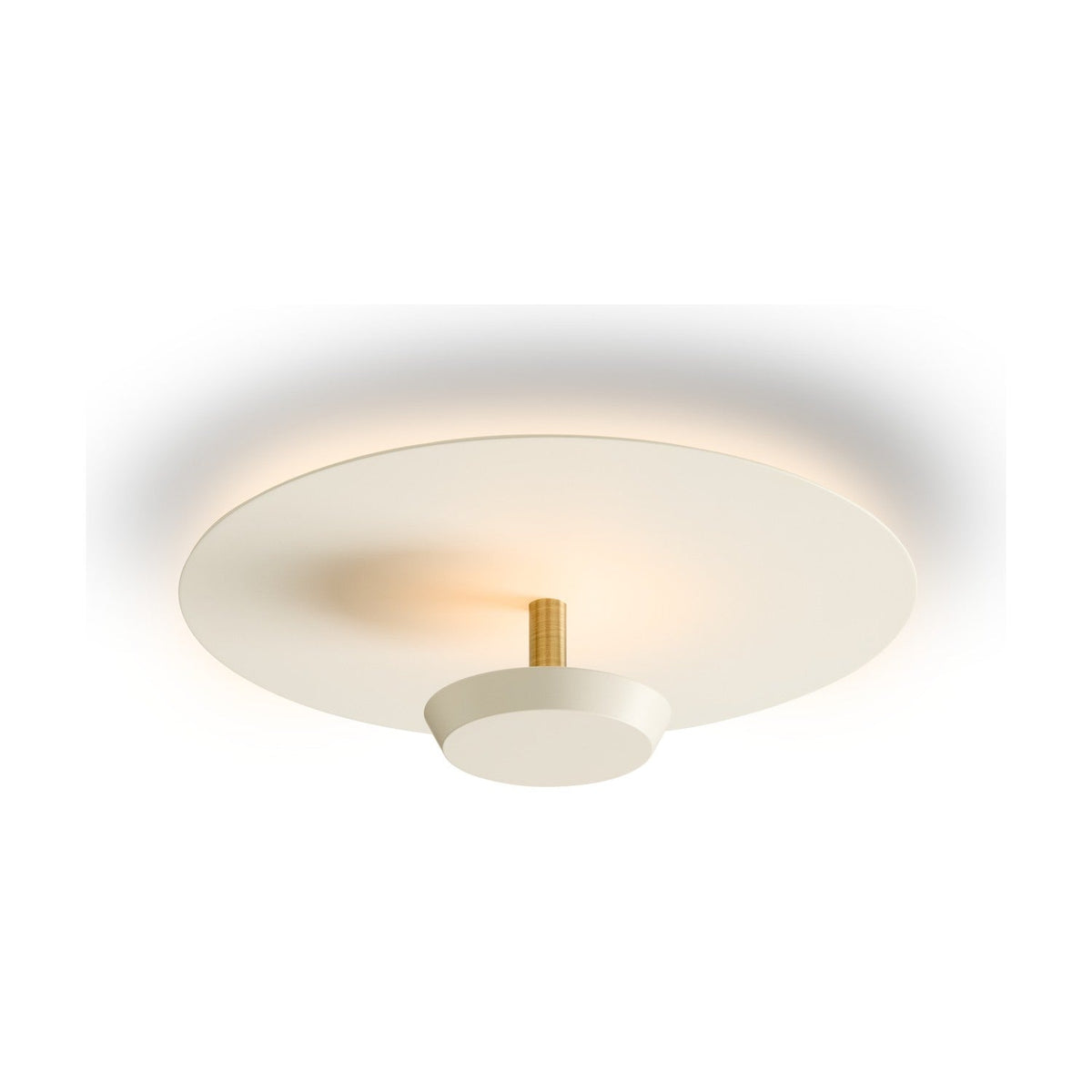 Air LED 3-Step Flush Ceiling Light, 30cm, in white with a flat round disc and brass post holding a smaller cup shade below, shown on a plain white background.