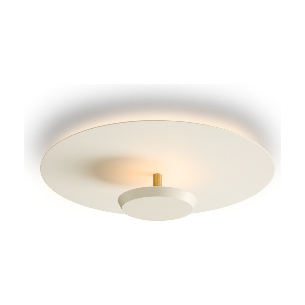 Air LED Flush Ceiling Light 40cm in white, a wide flat disc with a brass post and smaller cup below, glowing softly against a plain background.