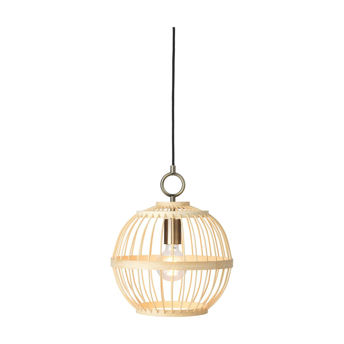 Stockholm Nordic Edition Pendant Light 30cm in natural bamboo, a round woven cage shade with brass collar and ring hook, on a plain white background.