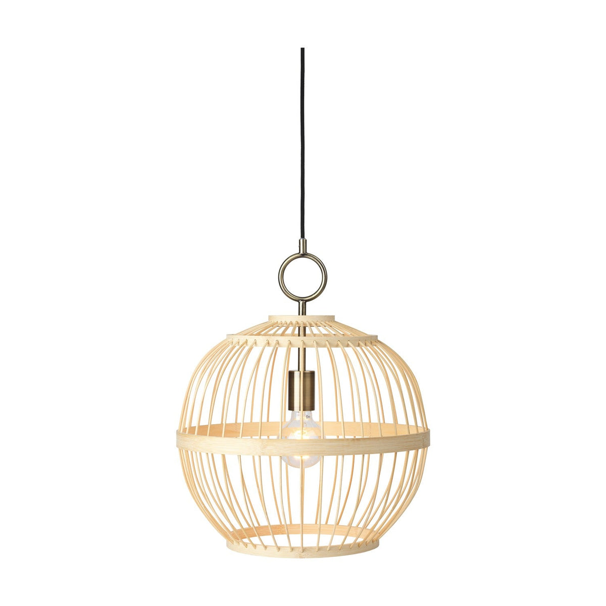 Stockholm Nordic Edition Pendant Light 40cm in natural bamboo, a round woven cage shade with brass collar and ring hook, exposed bulb inside, on a plain white background.
