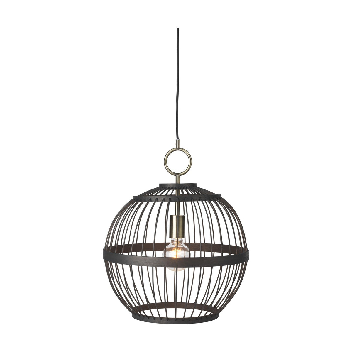Stockholm Nordic Edition Oil Pendant Light 40cm in black, a round bamboo cage shade with vertical ribs and a brass collar and ring, shown against a plain white background.