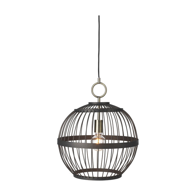Stockholm Nordic Edition Oil Pendant Light 40cm in black, a round bamboo cage shade with vertical ribs and a brass collar and ring, shown against a plain white background.