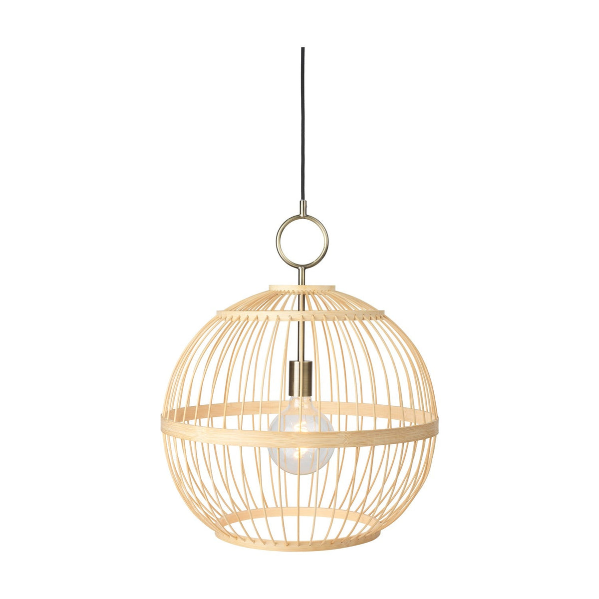Stockholm Nordic Edition Pendant Light 50cm in natural bamboo, a round woven cage shade with a brass ring hook and E27 bulb, shown on a plain white background.