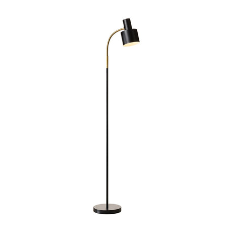 Vogue Floor Lamp in black with a slim stem on a round disc base, curving to a polished brass neck holding a black cylinder shade, shown on a plain white background.