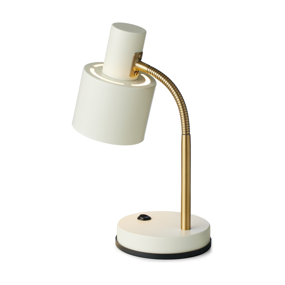 Vogue Table Lamp in cream with a cylindrical shade on a brass gooseneck arm, round cream base with black trim and switch, on a plain white background.