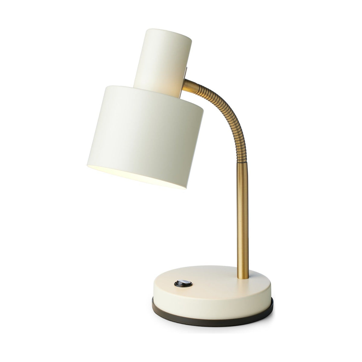 Vogue Table Lamp in cream, featuring a cylindrical shade on an adjustable brass gooseneck arm and a round cream base with toggle switch, shown on a plain white background.