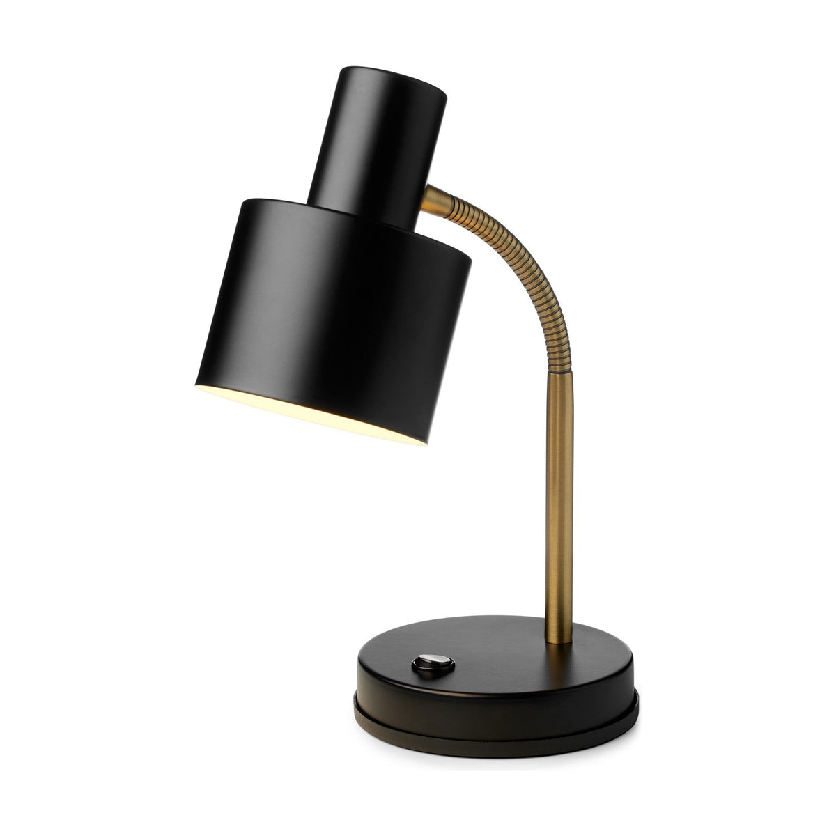 Vogue Table Lamp in black, featuring a cylindrical shade on a brass gooseneck arm rising from a round black base, shown on a plain white background.