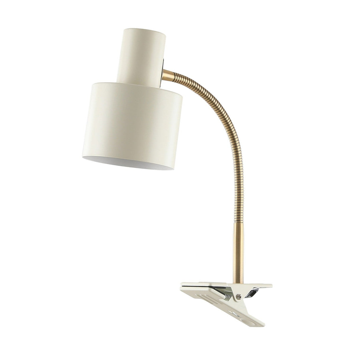 Vogue Clip-On Wall Light in cream, featuring a cylindrical cream shade on a bendable brass gooseneck attached to a cream spring clamp, shown against a plain white background.