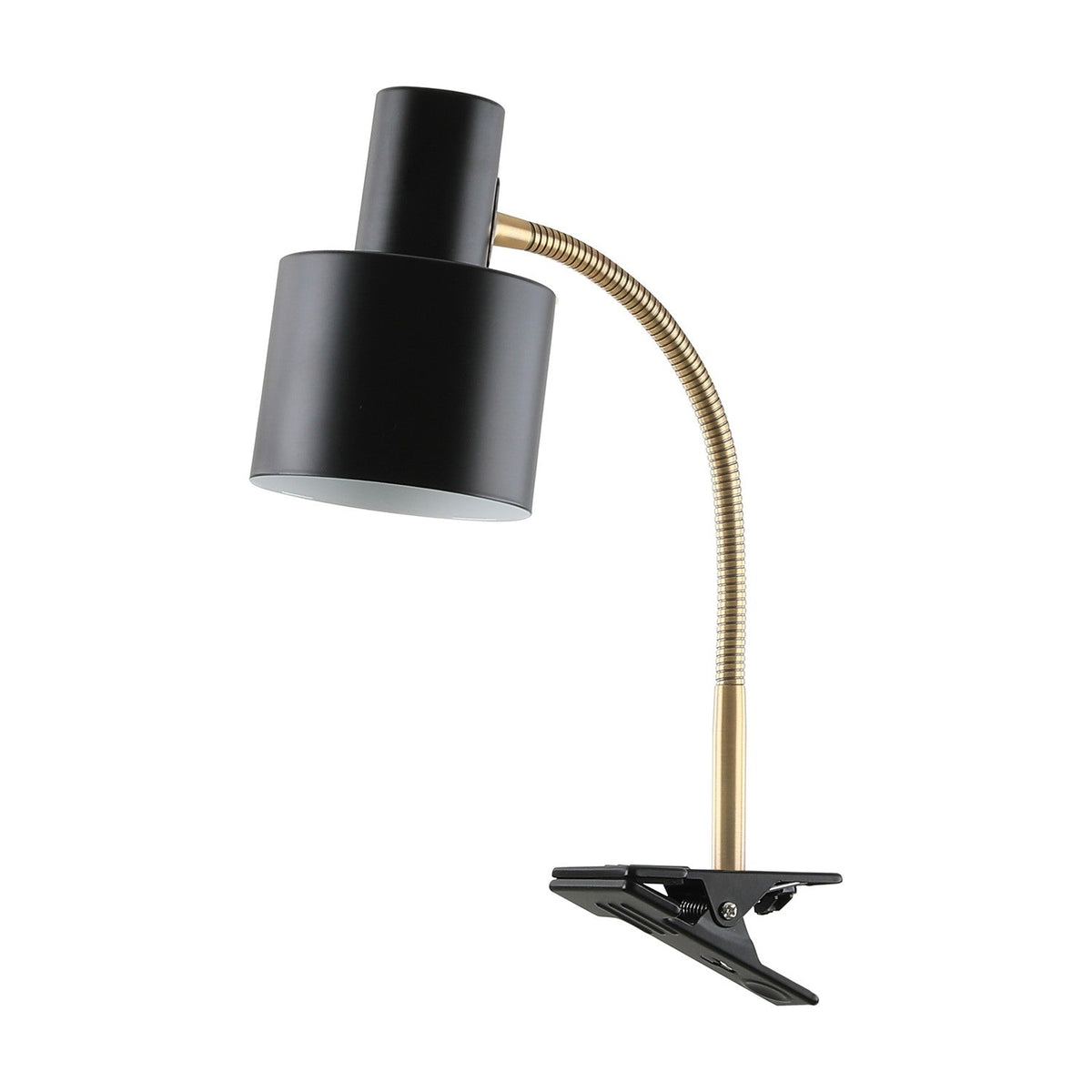 Vogue Clip-On Wall Light in black, with a cylindrical shade on a brass gooseneck arm attached to a spring clamp base, shown on a plain white background.