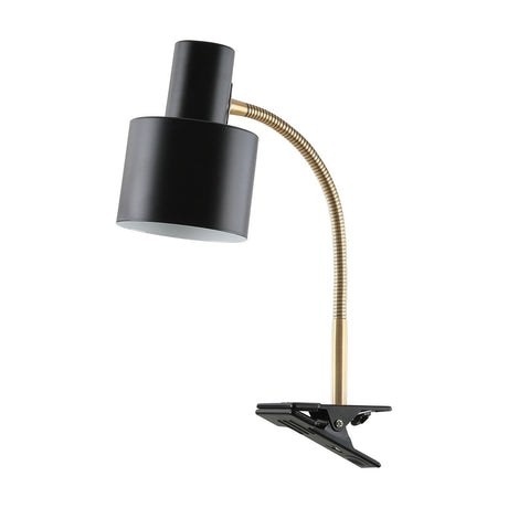Vogue Clip-On Wall Light in black, with a cylindrical shade on a brass gooseneck arm attached to a spring clamp base, shown on a plain white background.