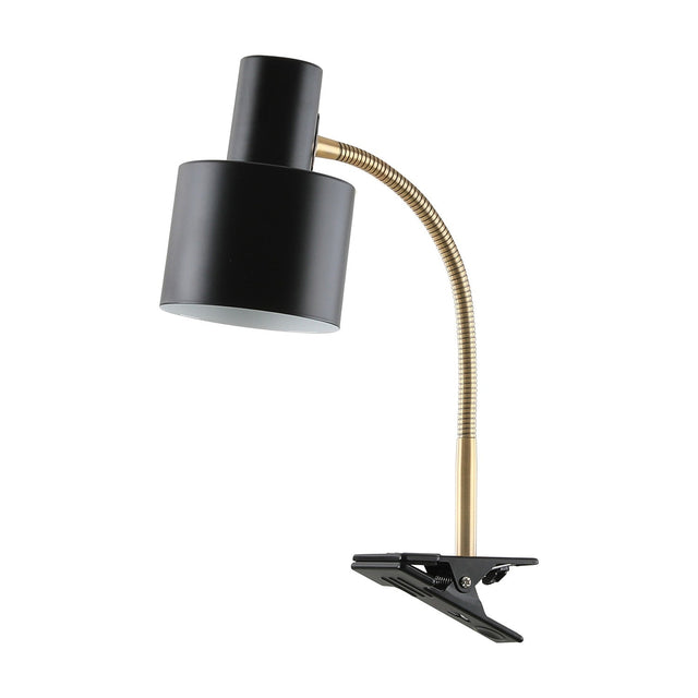 Vogue Clip-On Wall Light in black, with a cylindrical shade on a brass gooseneck arm attached to a spring clamp base, shown on a plain white background.