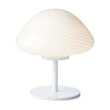 Mini Mush Glass Cable Table Lamp in white, featuring a broad opal glass dome with spiral fluting on a slim white stem and round flat base, set against a plain white background.