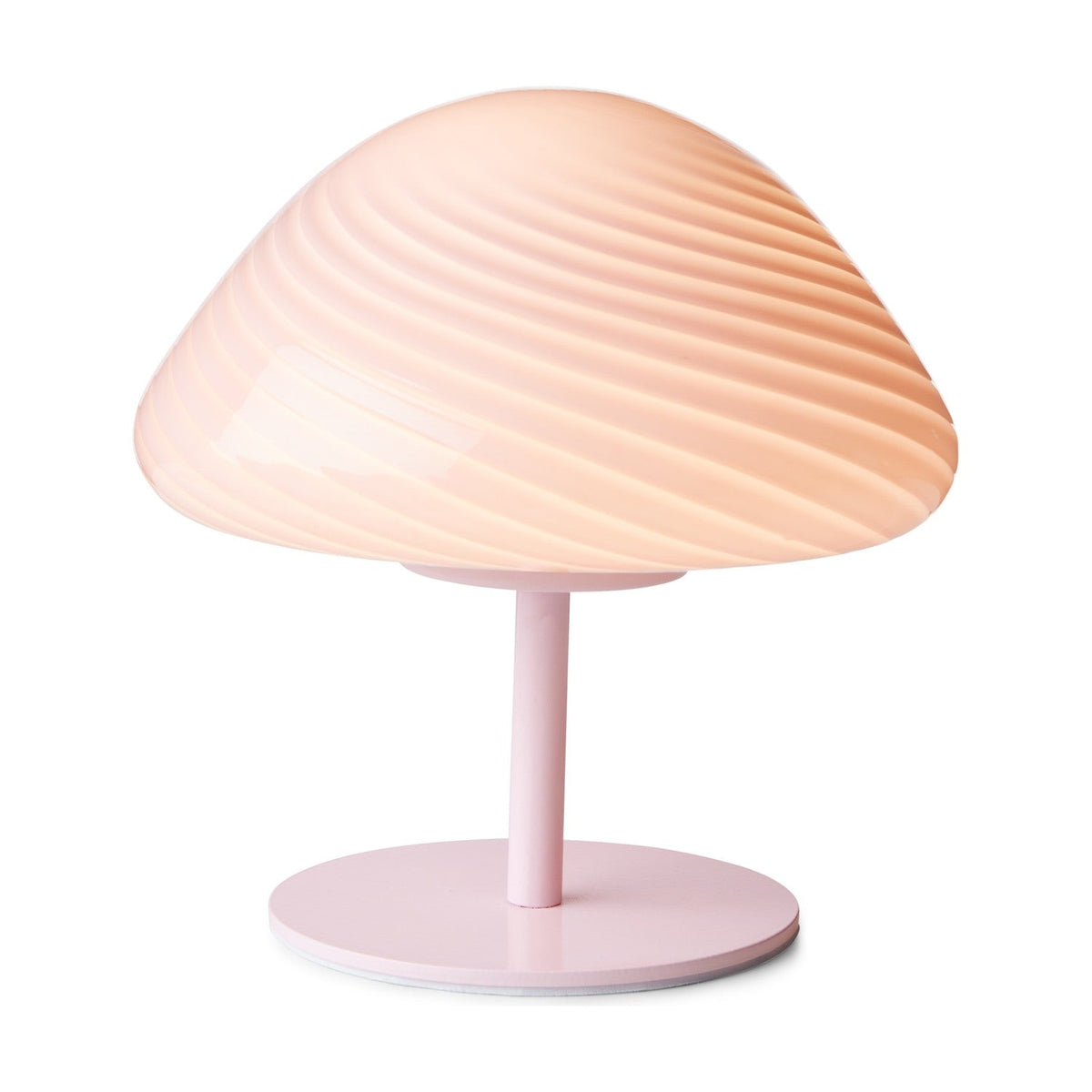 Mini Mush Glass Cable Table Lamp in rose, with a wide swirled glass dome shade on a slim pink metal stem and round base, shown on a plain white background.