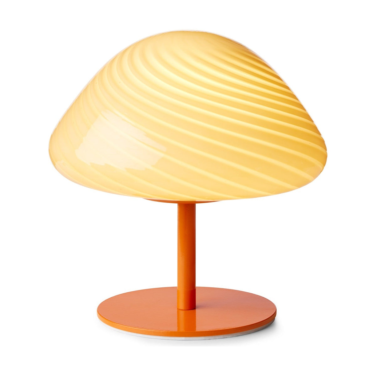 Mini Mush Glass Cable Table Lamp in orange, featuring a broad swirled butter-cream glass dome shade on a slender orange metal stem with round orange base, shown on a plain white background.