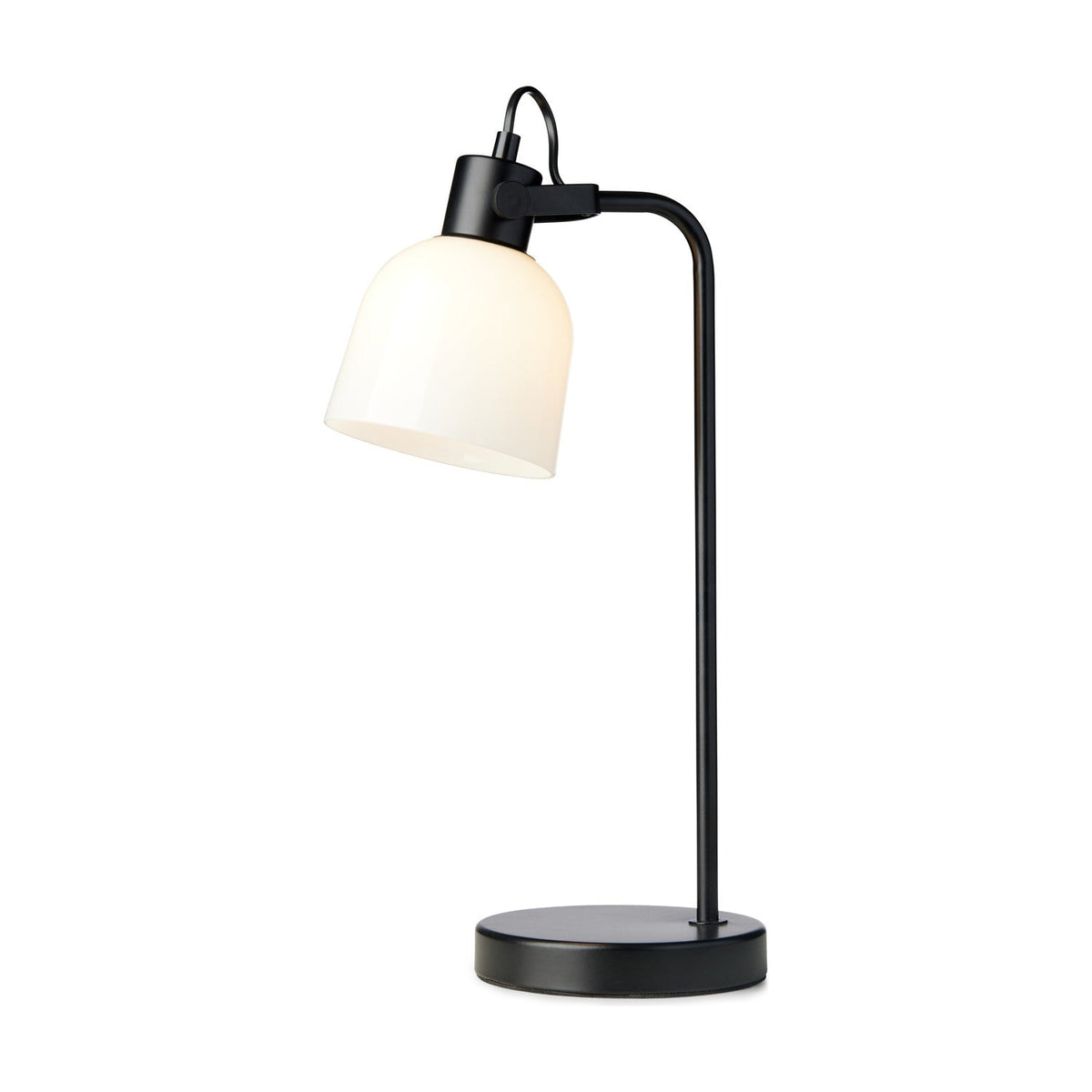 Glow Table Lamp in black and white, featuring an opal glass bell shade held by a black metal band on a slim tilting post with a round disc base, shown on a white background.