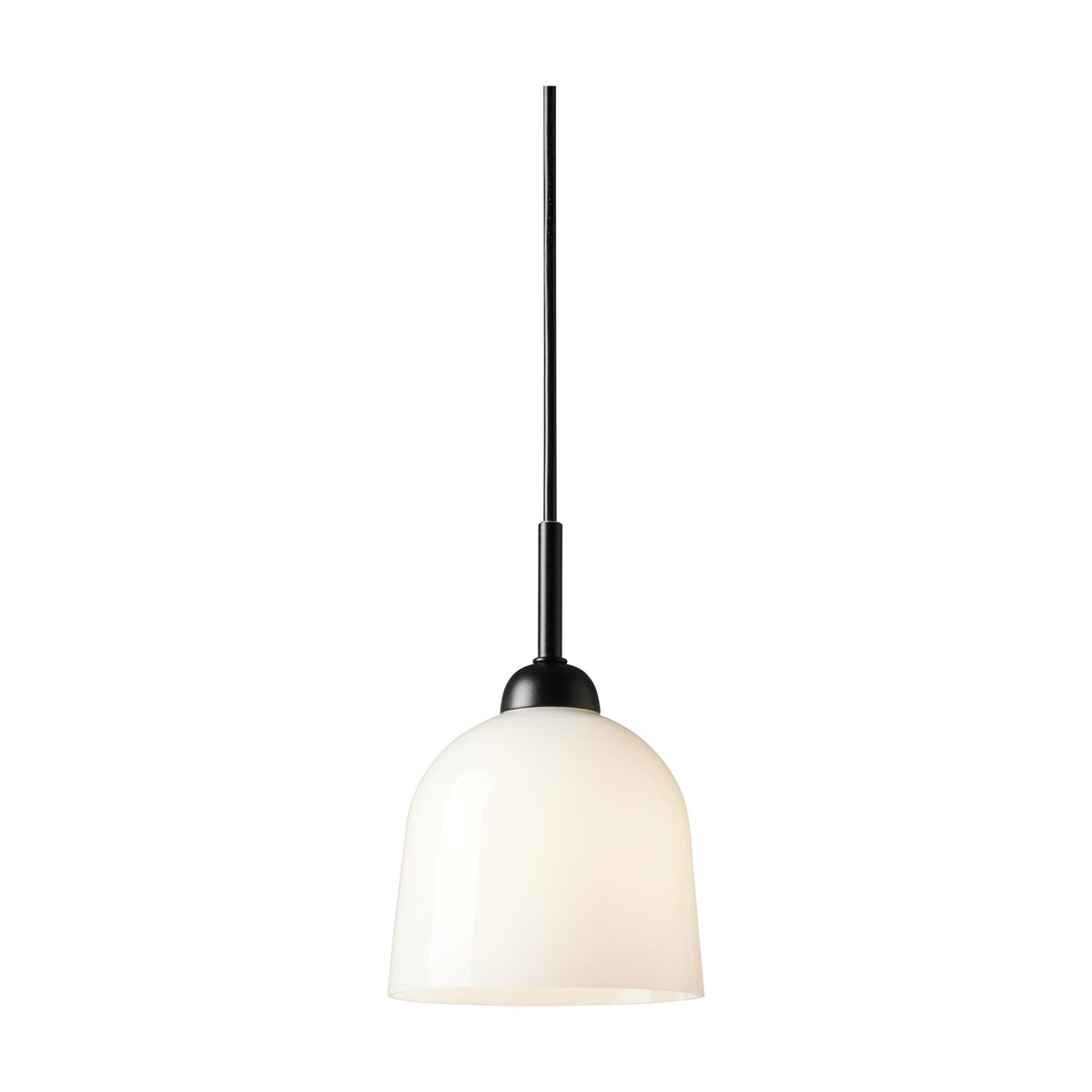 Glow Pendant Light 12cm, a single-light fixture with a bell-shaped opal white glass shade and black collar on a black flex cord, shown on a plain white background.