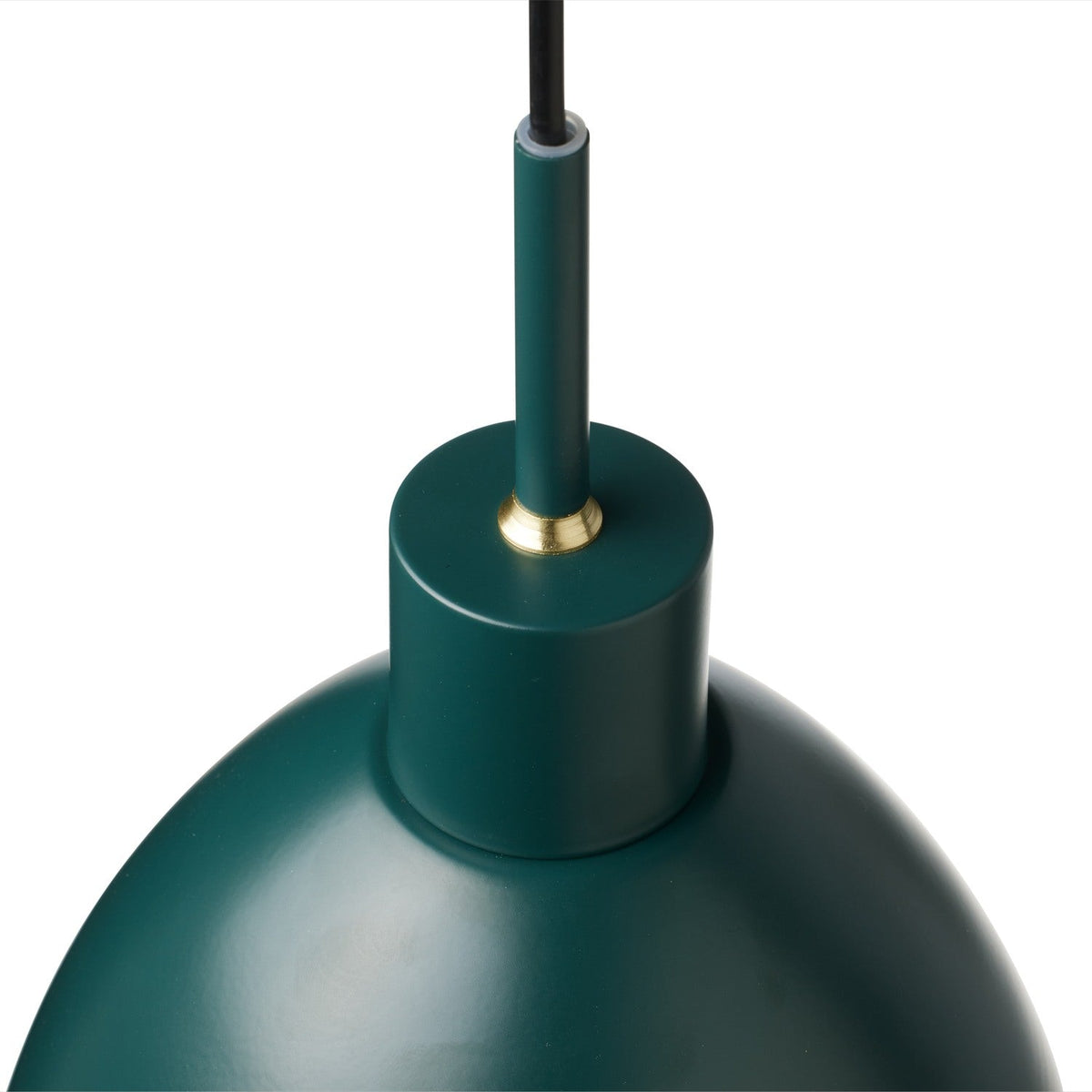 Close-up of the Rock Pendant Light 20cm in green, showing the matt cylindrical collar, brass detail, and black cord against a plain white background.