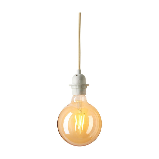 Basic Socket Textile Cable Cord Set 2m in cream, showing a white moulded E27 lampholder on a cream braided flex with an amber globe bulb, set against a plain white background.