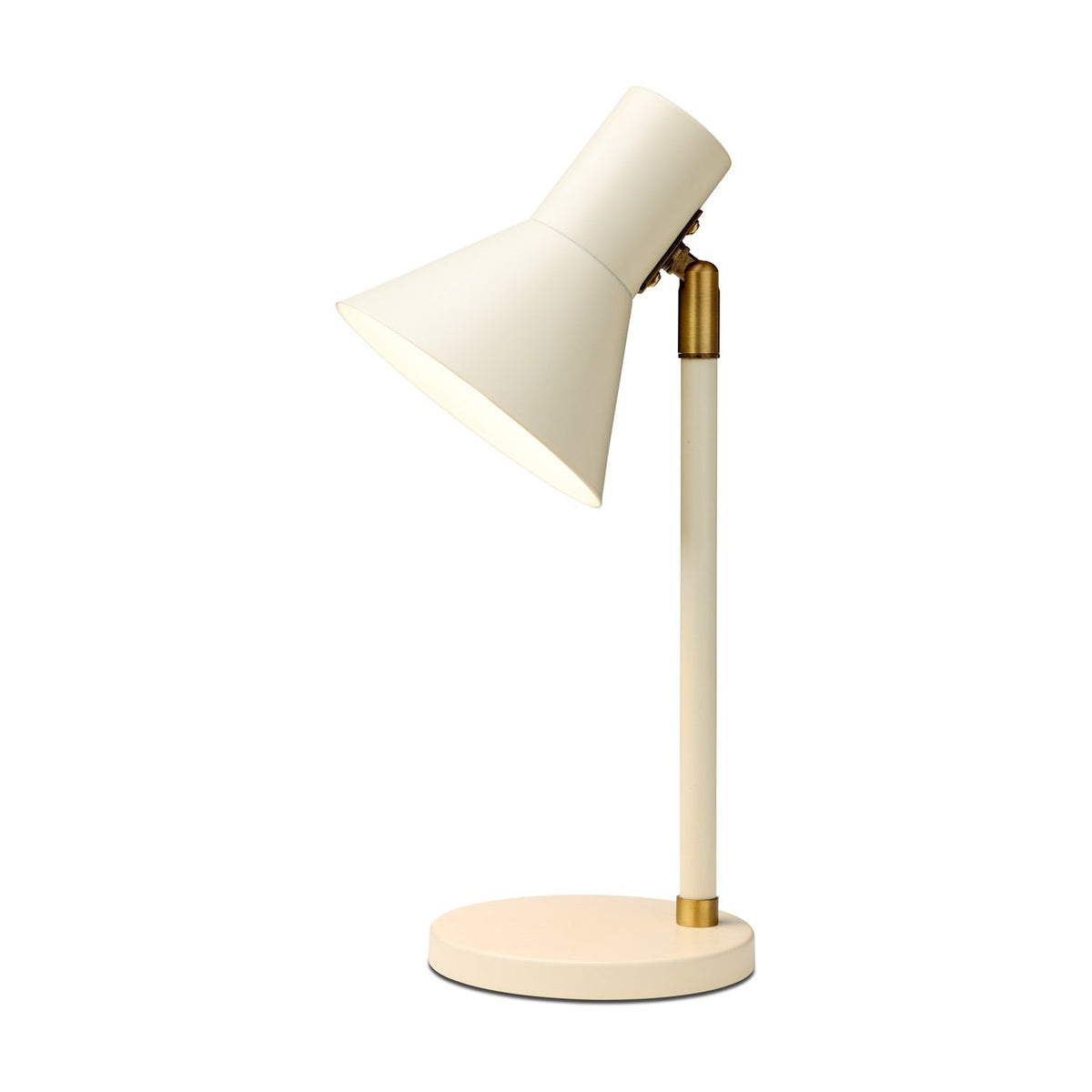Style Table Lamp in cream with a cone shade tilted forward on an antique brass knuckle joint, slim cream post, and round cream base, shown on a plain white background.