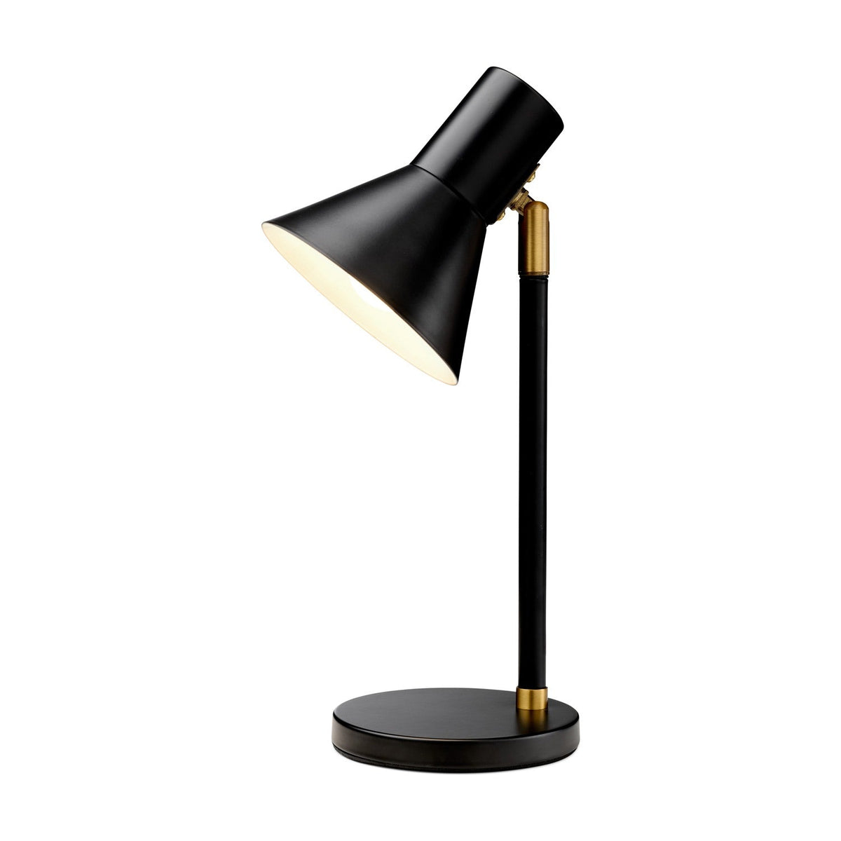 Style Table Lamp in black and antique brass, with an angled cone shade on a brass knuckle joint atop a slim black post and round base, shown on a plain white background.