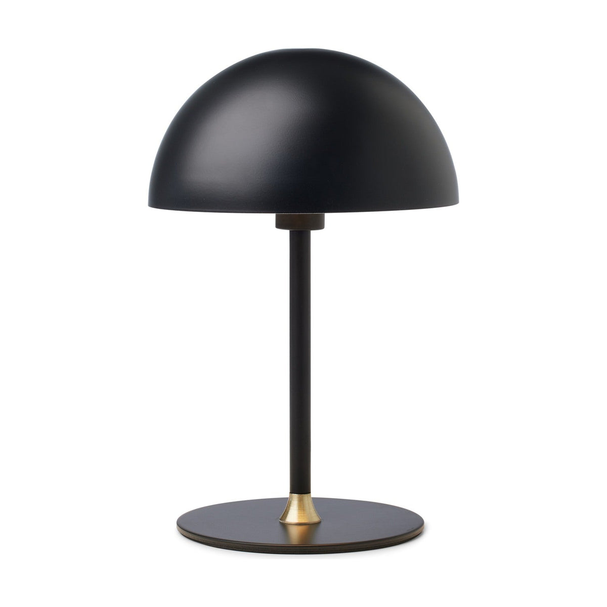 Boogie Table Lamp 16cm in matt black, featuring a dome-shaped shade on a slim stem with a brass accent at the round base, set against a plain white background.