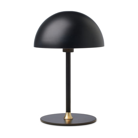 Boogie Table Lamp 16cm in matt black, featuring a dome-shaped shade on a slim stem with a brass accent at the round base, set against a plain white background.