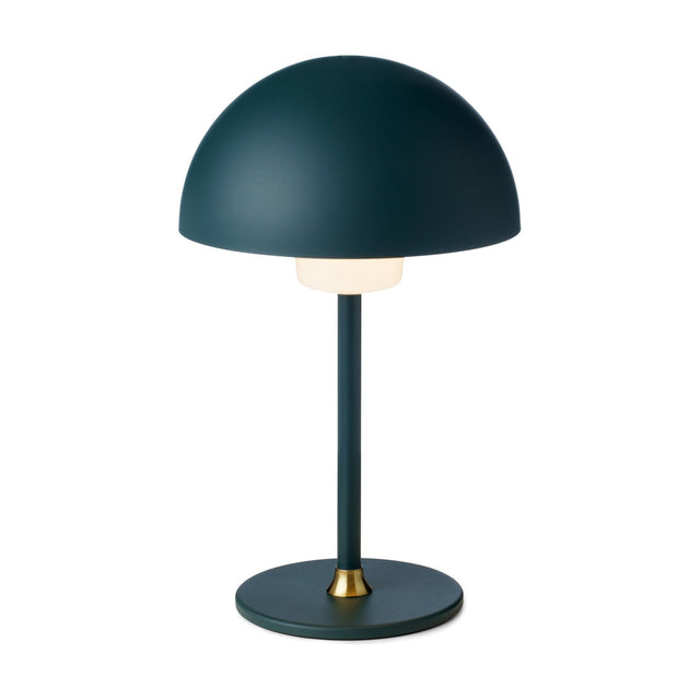 Moon LED Table Lamp in dark green, featuring a dome-shaped shade, opal glass diffuser band, slim stem, and round base with brass detail, shown on a plain white background.