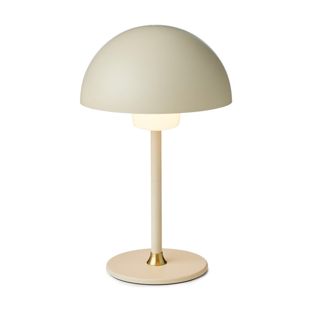 Moon LED Table Lamp in cream, featuring a dome-shaped shade over an opal glass diffuser, slim stem, round base with brass accent, shown on a plain white background.