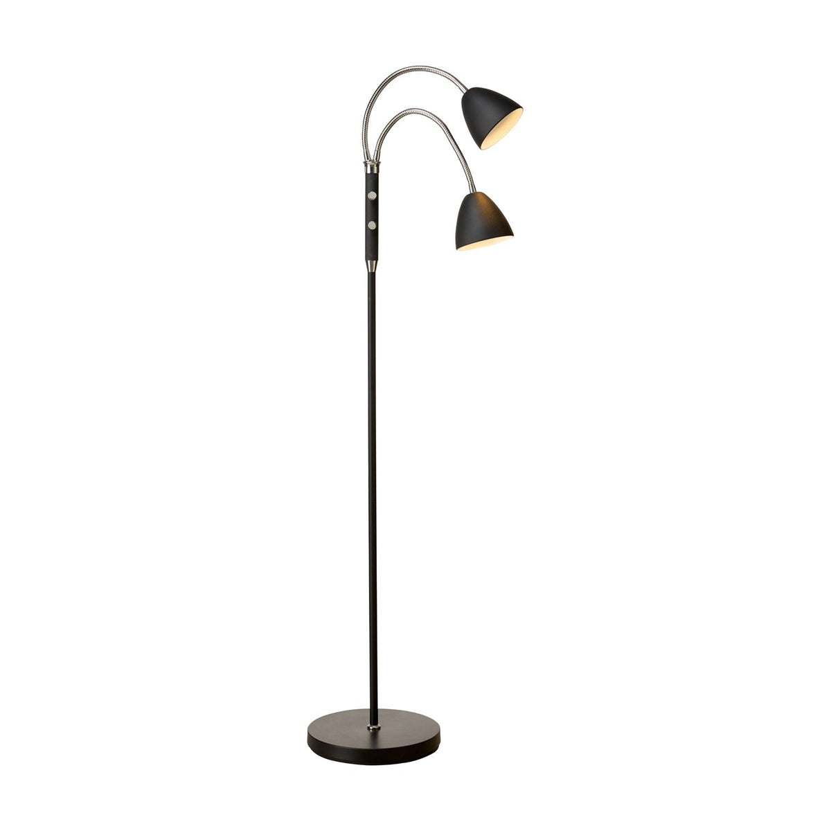 Room 2-light floor lamp in black and chrome, with a slim black stem on a round base, two adjustable chrome gooseneck arms with black cone shades, on a plain white background.