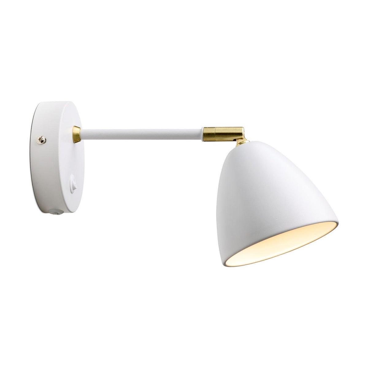 Room Wall Light in white and brass, with a round wall plate, straight arm, brass knuckle joint, and downward-facing cone shade, shown on a plain white background.