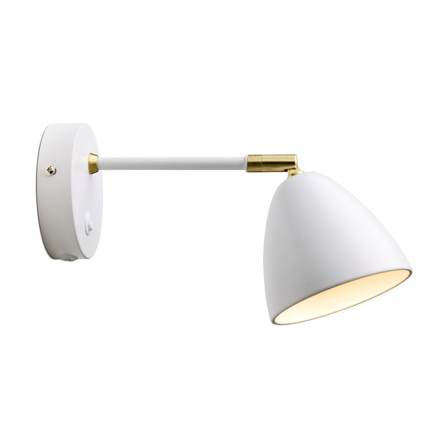 Room Wall Light in white and brass, with a round wall plate, straight arm, brass knuckle joint, and downward-facing cone shade, shown on a plain white background.