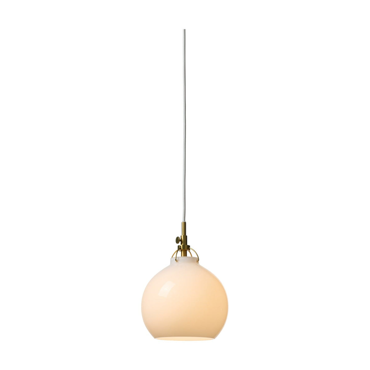 Toscana Pendant Light 18cm in opal glass, a slightly flattened round shade held by a fine brass wire cradle and collar, on a white flex against a plain white background.