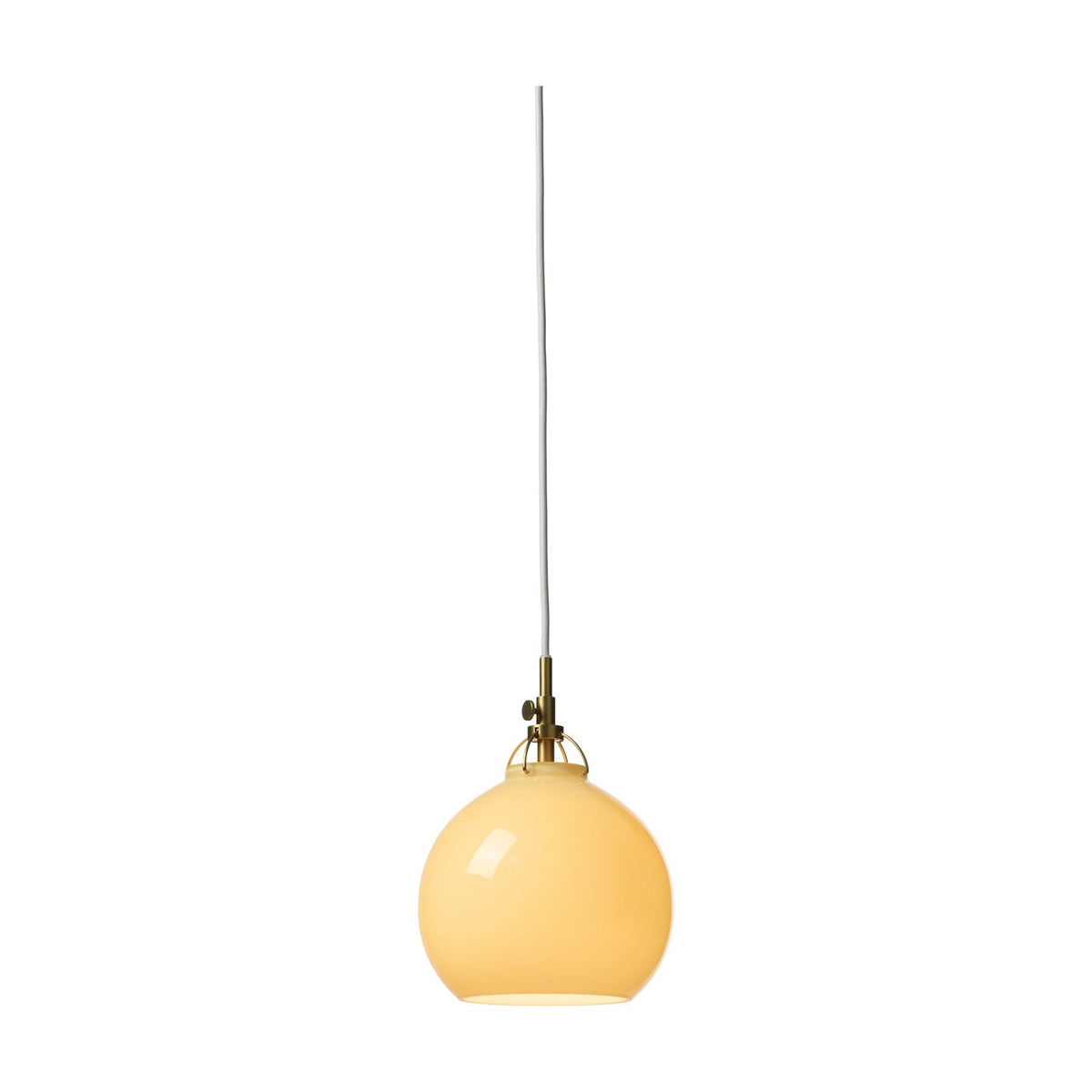 Toscana Pendant Light 18cm in cream glossy glass with a flattened round shade, brass cradle and collar detail, and white flex, shown against a plain white background.