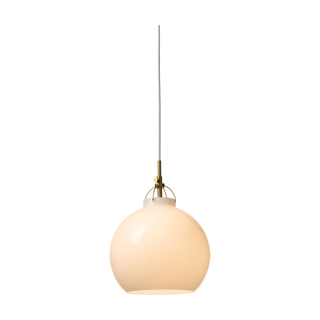 Toscana Pendant Light 27cm in opal glass, a round cream globe held by a thin brass wire cradle with a brass collar, suspended on a white cable against a plain white background.