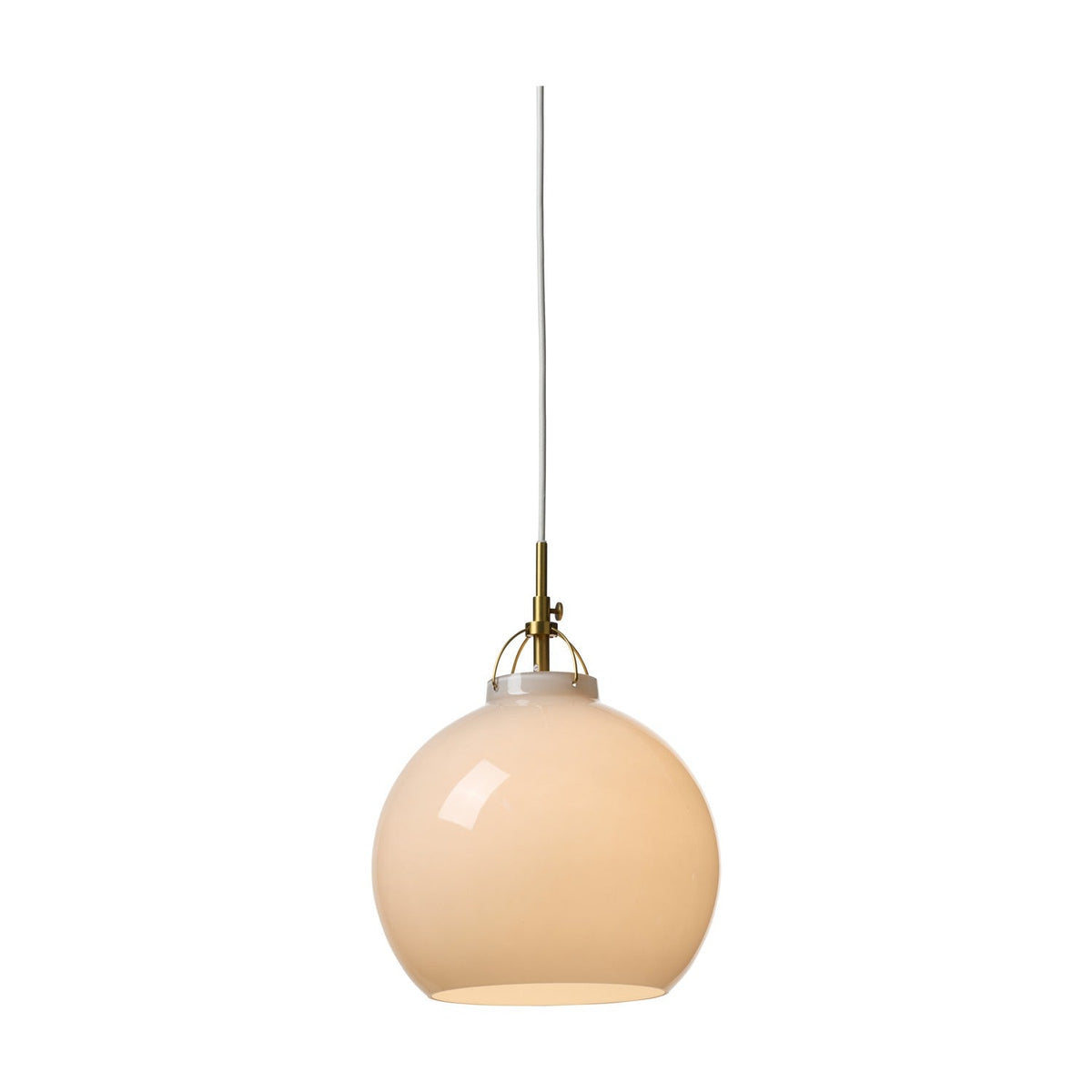 Toscana Pendant Light 27cm in grey, a glass ball shade held by a brass wire cradle with brass collar and white cable, shown on a plain white background.