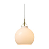 Toscana Pendant Light 36cm in Opal, a round white glass globe shade held by a brass wire cradle and collar, suspended on a white cable against a plain background.