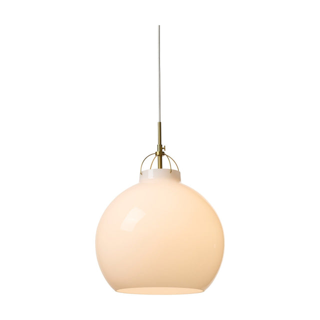 Toscana Pendant Light 36cm in Opal, a round white glass globe shade held by a brass wire cradle and collar, suspended on a white cable against a plain background.