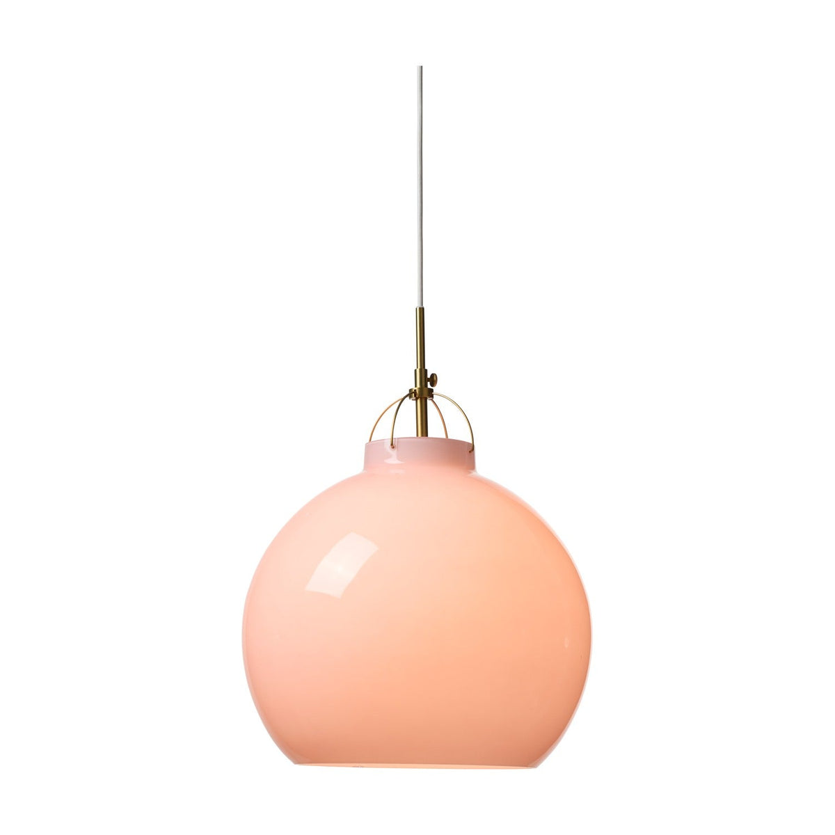 Toscana Pendant Light 36cm in Rose, a glossy pink glass ball shade held by a fine brass wire cradle and collar, on a plain white background.