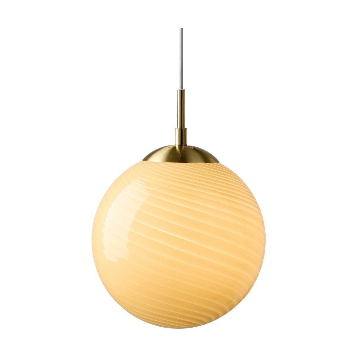 Candy Ball Pendant Light 20cm in cream, a spiral-fluted glass globe with brass ceiling cap and white cord, shown on a plain white background.