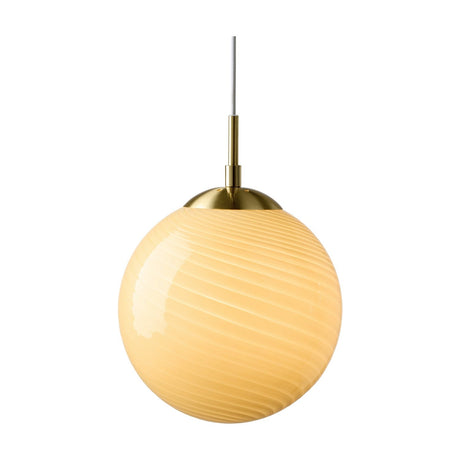 Candy Ball Pendant Light 20cm in cream, a spiral-fluted glass globe with brass ceiling cap and white cord, shown on a plain white background.