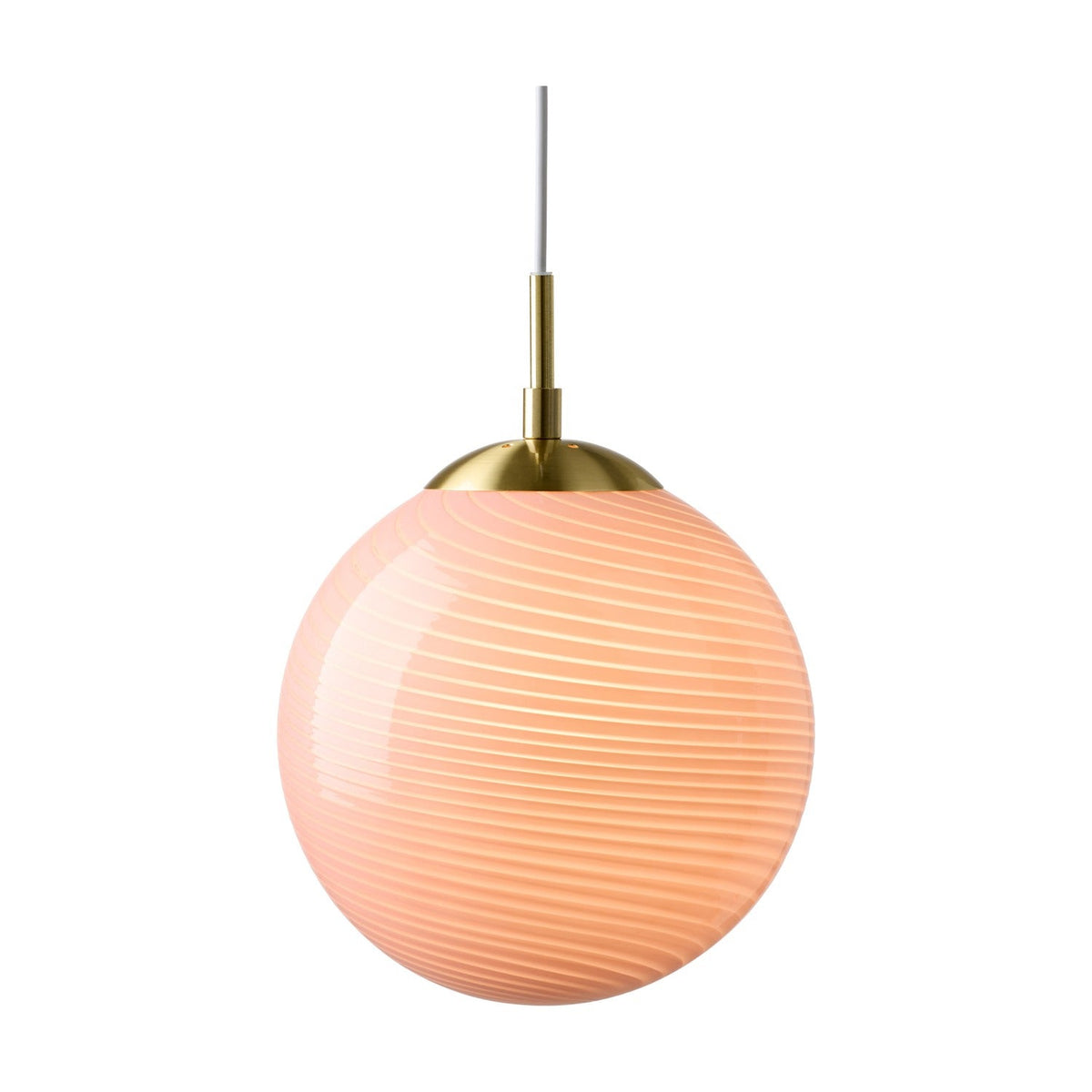 Candy Ball Pendant Light 20cm in rose - a spherical glass globe with fine spiral fluting, topped by a polished brass cap, shown on a plain white background.