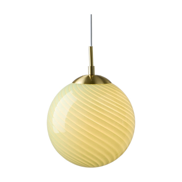 Candy Ball Pendant Light 25cm in olive green, a spiral-fluted glass globe with a polished brass ceiling cap, shown on a plain white background.
