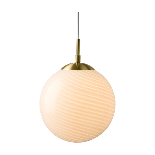 Candy Ball Pendant Light 30cm in opal white glass with spiral fluted texture, brass cap, and white cord, shown against a plain white background.