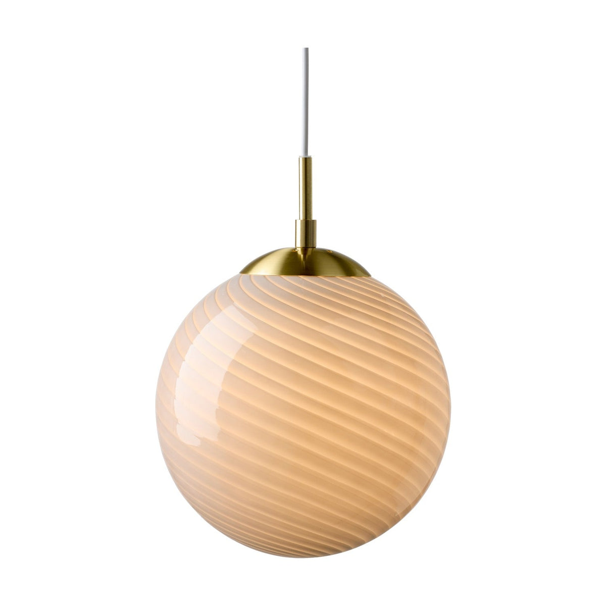 Candy Ball Pendant Light 30cm in grey, a spherical globe shade with fine spiral fluting in a warm sandy tone, topped with a polished brass cap and cable, shown on a plain white background.
