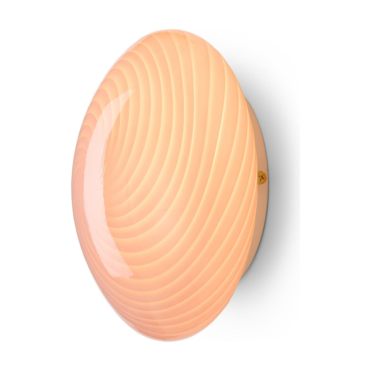 Candy Flush Ceiling Light 30cm in Rose, a shallow opal glass dome with a spiral ribbed texture in soft pink and a visible brass fixing screw, shown on a plain white background.