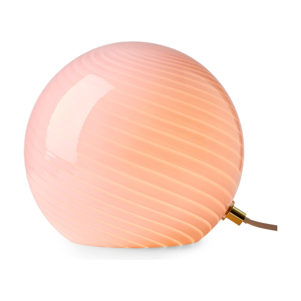 Candy Table Lamp 20cm in Rose, a spherical glass table lamp with fine spiral fluting, rose pink translucent glass, and a small brass collar fitting, on a plain white background.